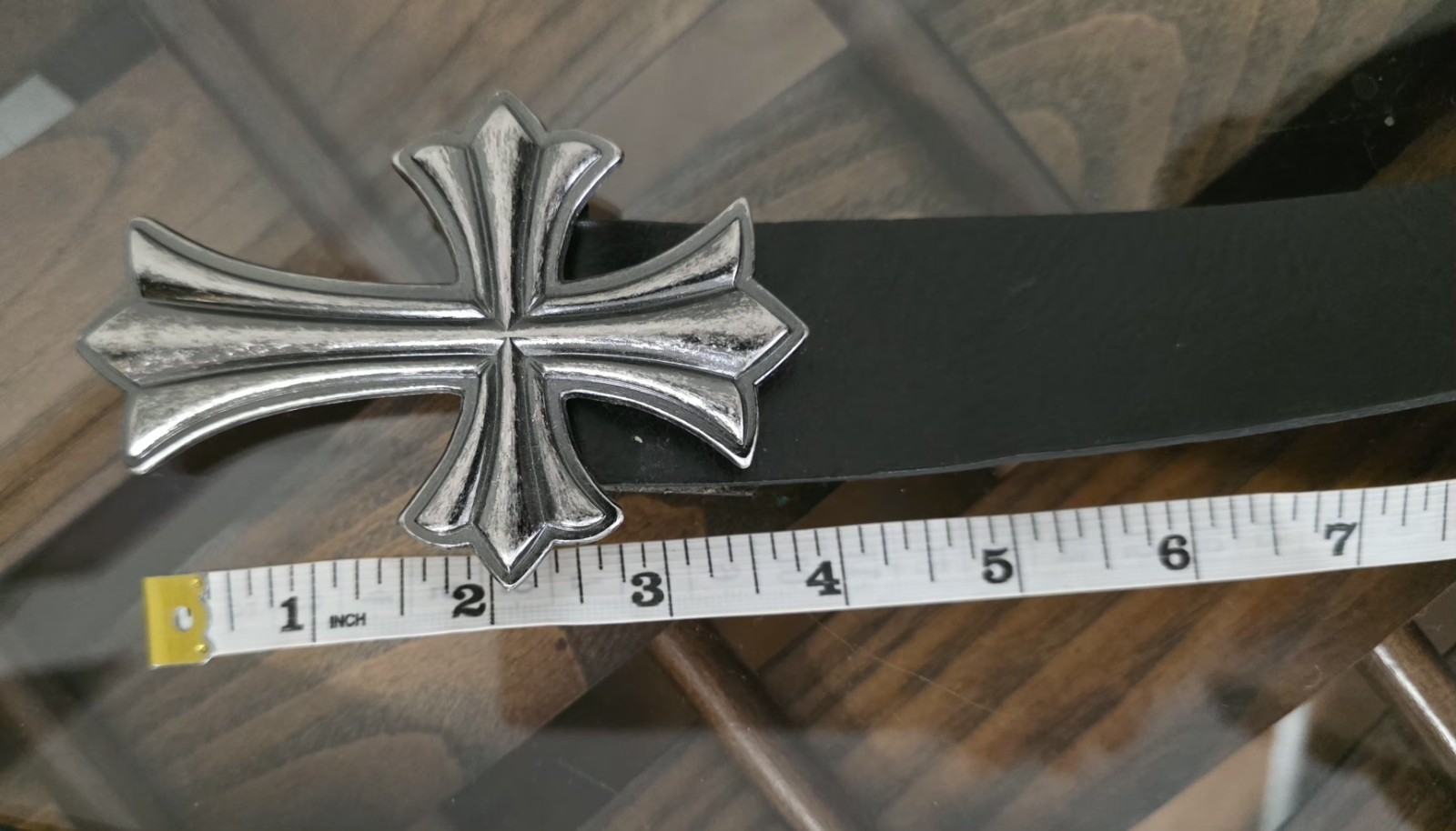 Black Leather Belt Gothic Cross Buckle Biker Rock Punk Western 1.5”