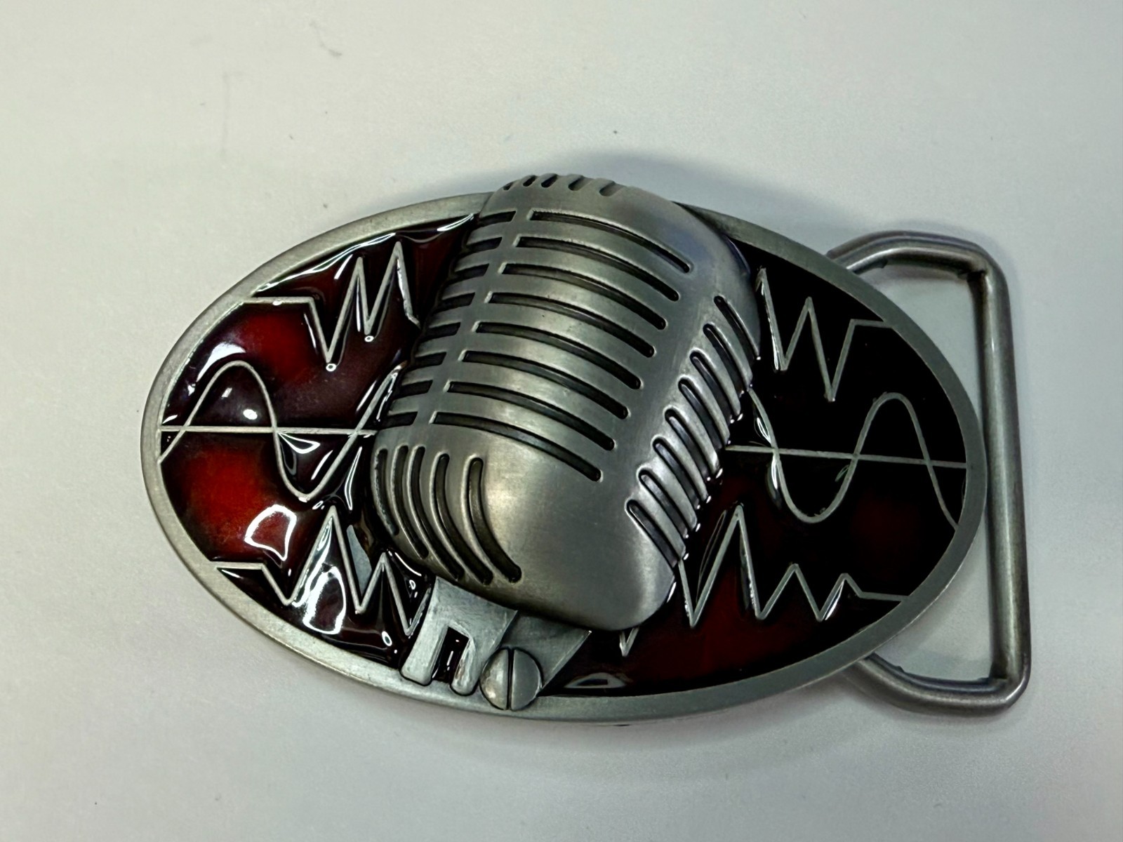 Retro Music Elvis Style Microphone Red Enameled Musician Ribbon Mic Belt Buckle