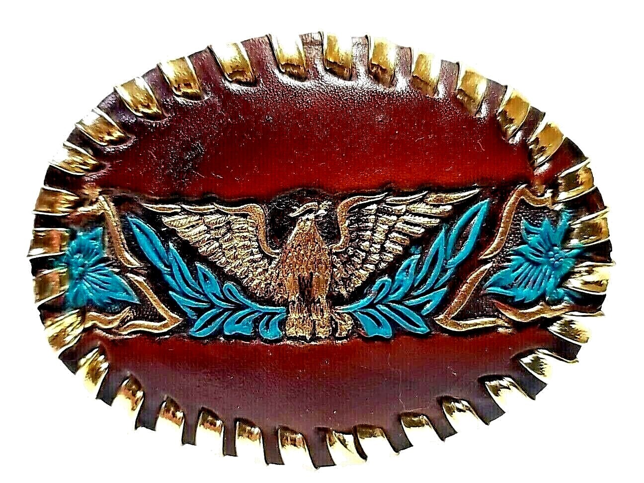 EAGLE Belt BUCKLE w/ SILVER Edge LACING Handmade Sm. BROWN LEATHER Western/Biker