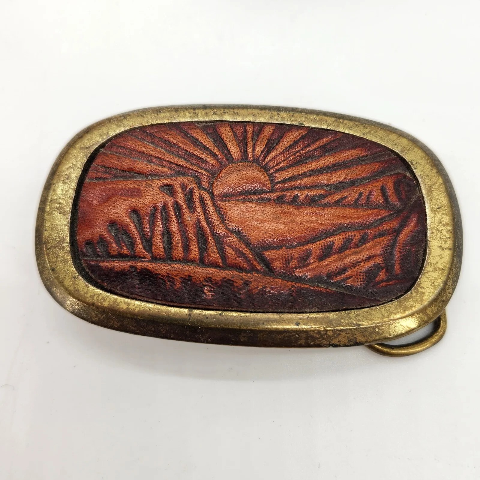 Vintage 1983 Great American Buckle Embossed Leather & Brass Belt Buckle Sunset