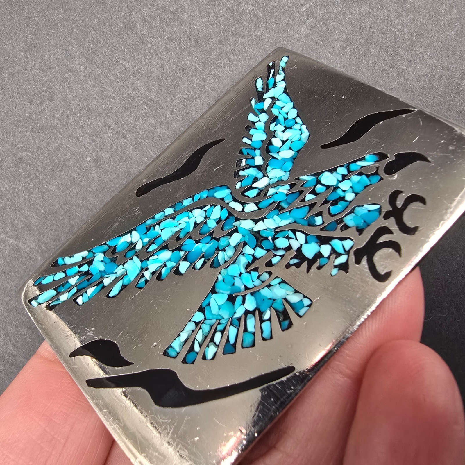Vintage Mexico Silver Tone Turquoise Inlay Flying Eagle Rectangle Belt Buckle