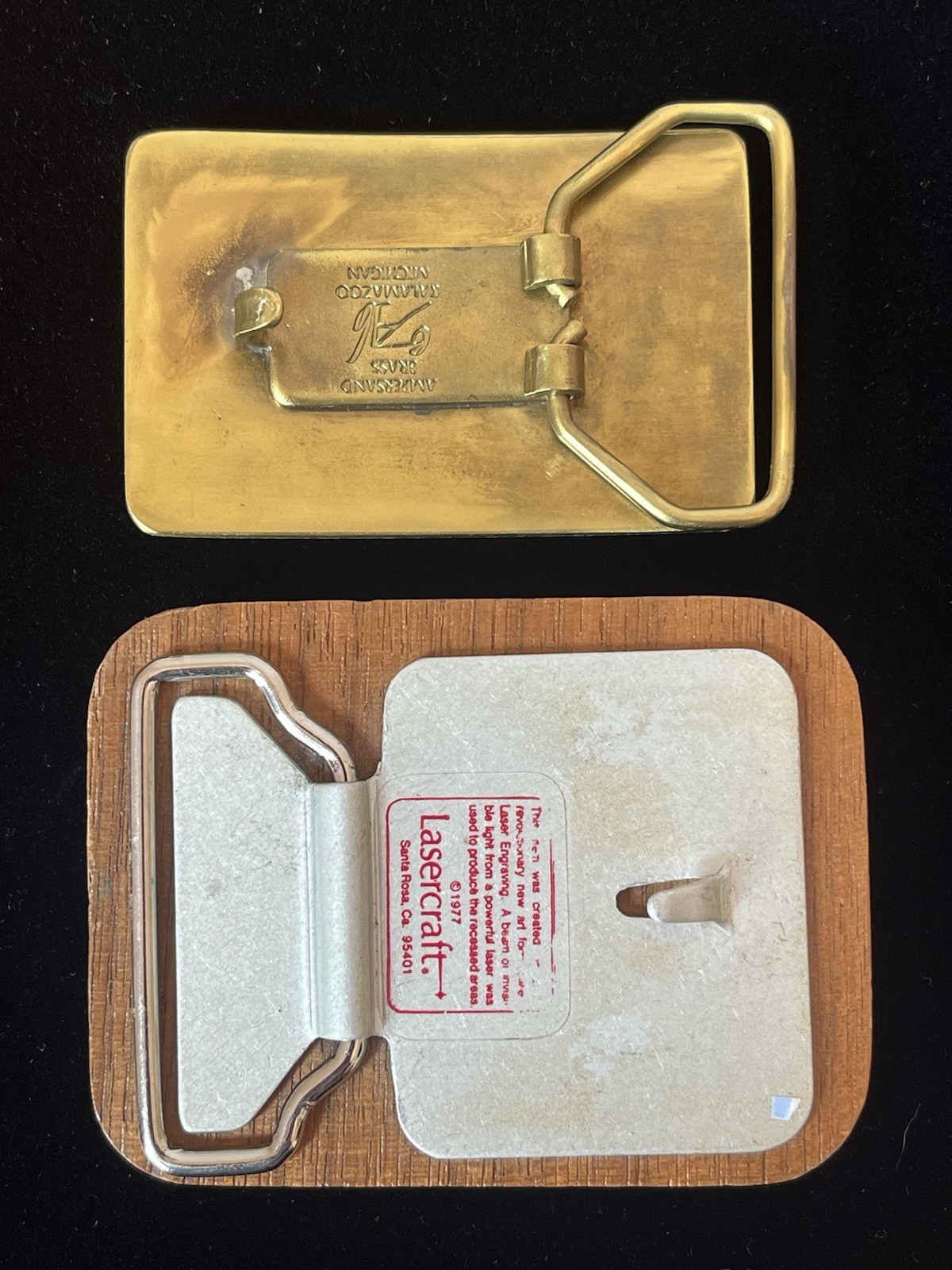 Vintage Wood Belt Buckle Lot of 2 Ampersand Brass Inlaid Lasercraft