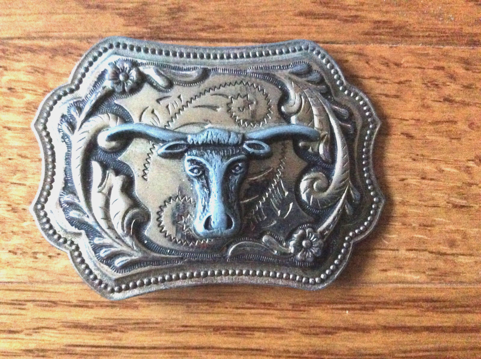 Texas Longhorn SouthWest etched vintage Belt Buckle America cattle skull patina