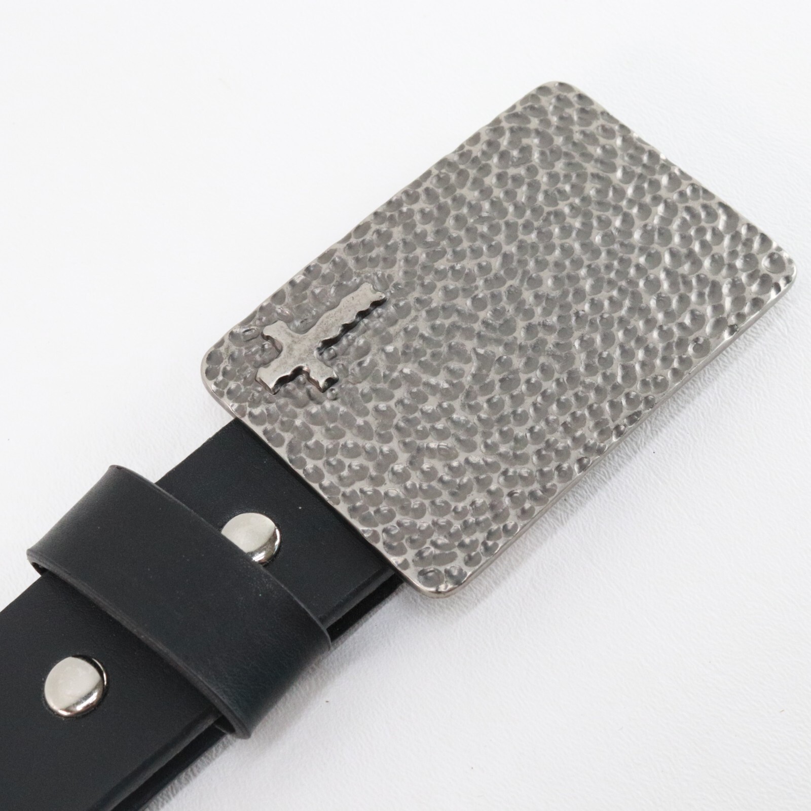 Hammered Belt Women Black Faux Leather Silver Plaited Buckle Cross Biker