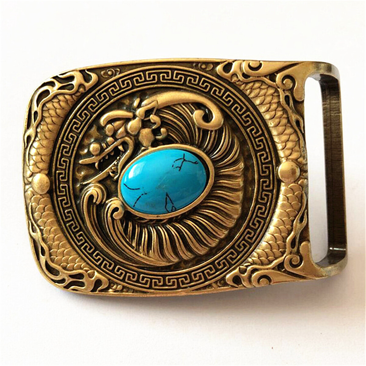 Dragon Turquoise Western Cowboy Solid Brass Copper Mens Belt Buckle Vintage