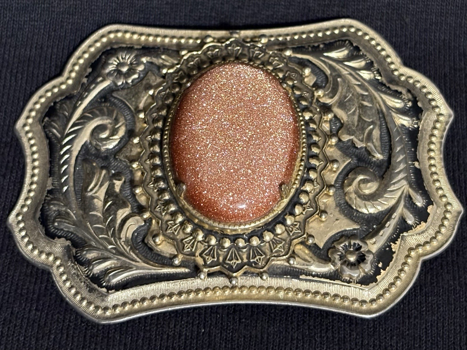 Vintage Western Goldstone Belt Buckle Ornate Floral Engraved Cowboy Rodeo Wear