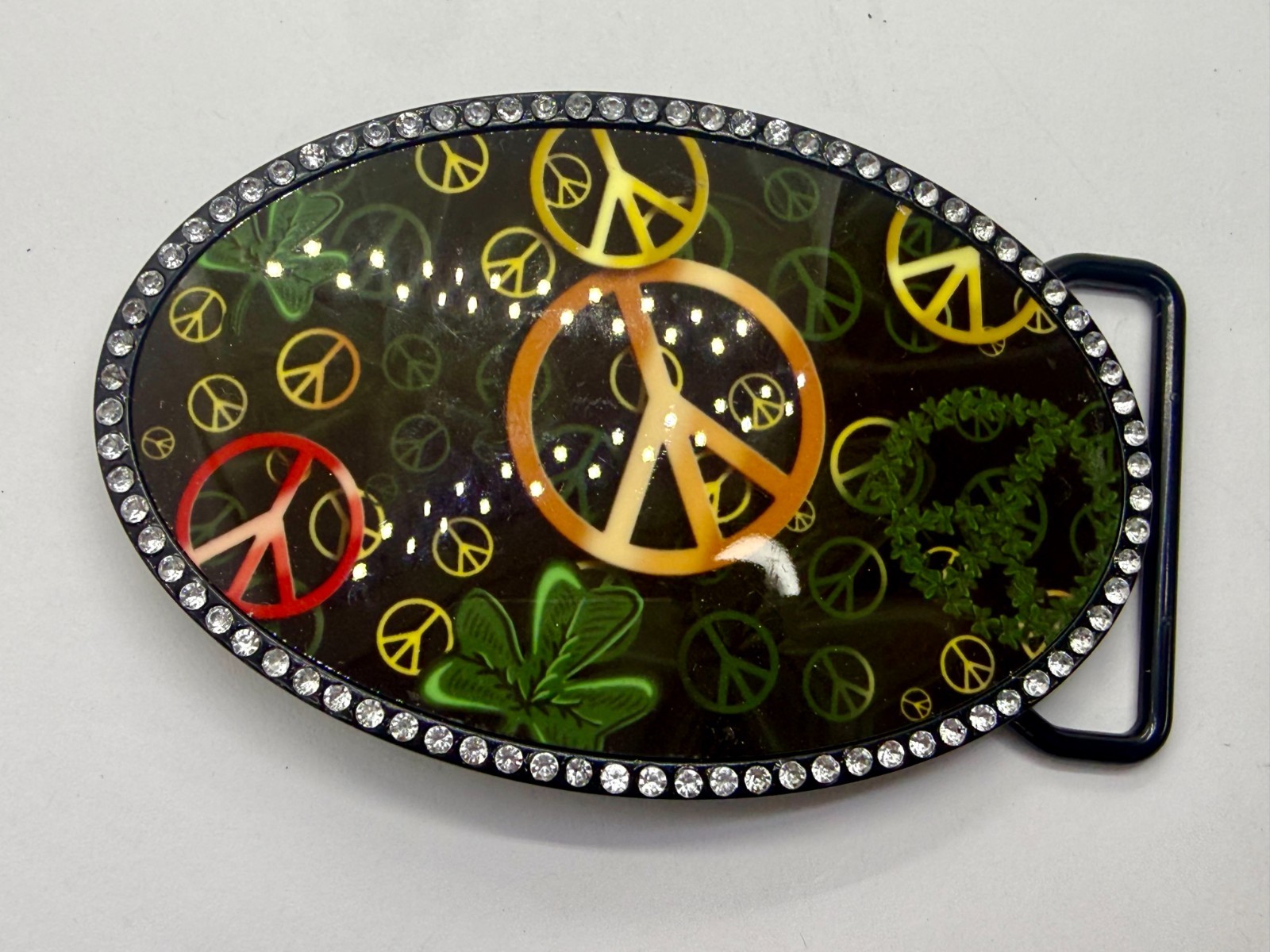 Peace Sign Symbol Four Leaf Clover with Clear Rhinestone Border Belt Buckle