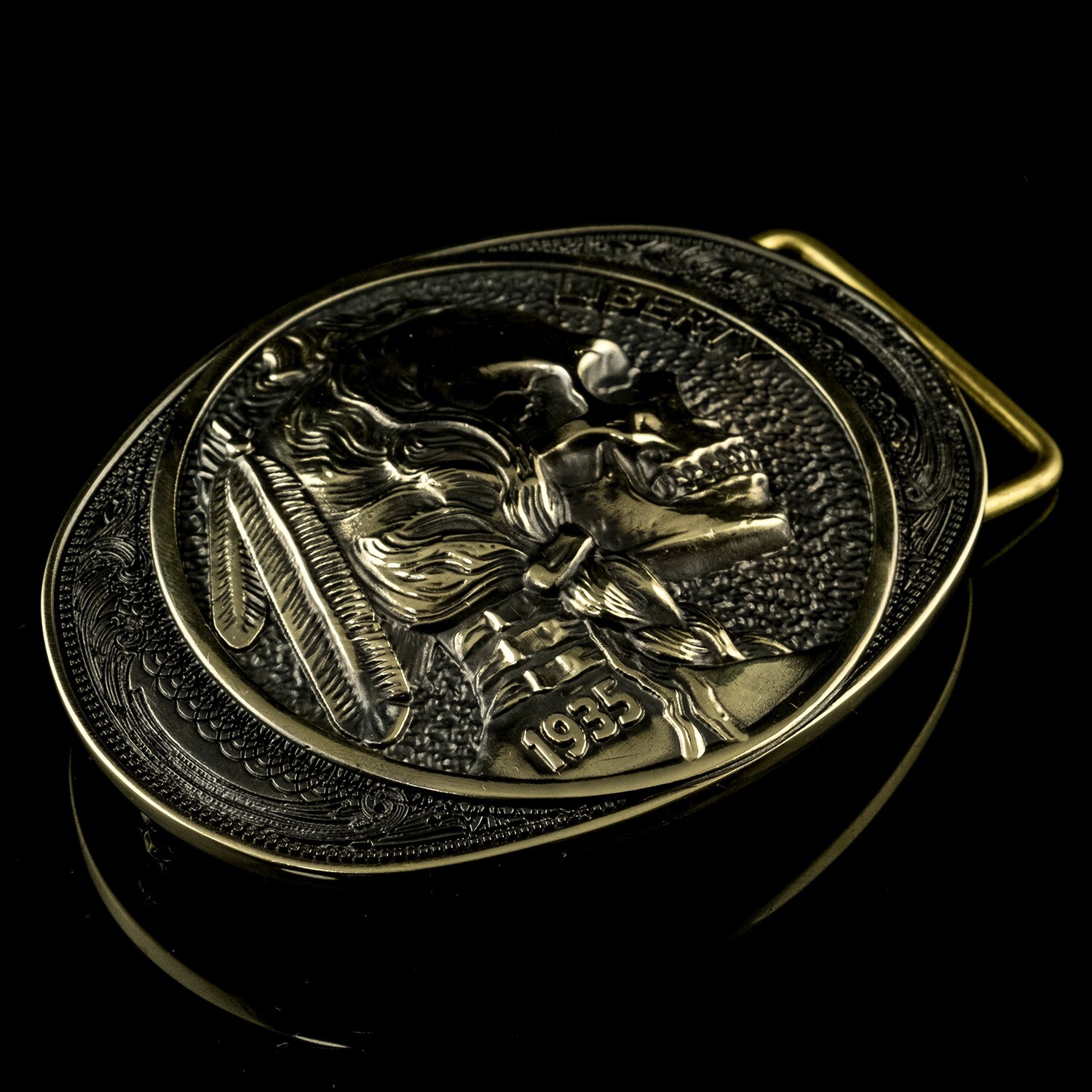 Indian chief skull brass, belt buckle, Liberty 1935 coin, Chief Indian head