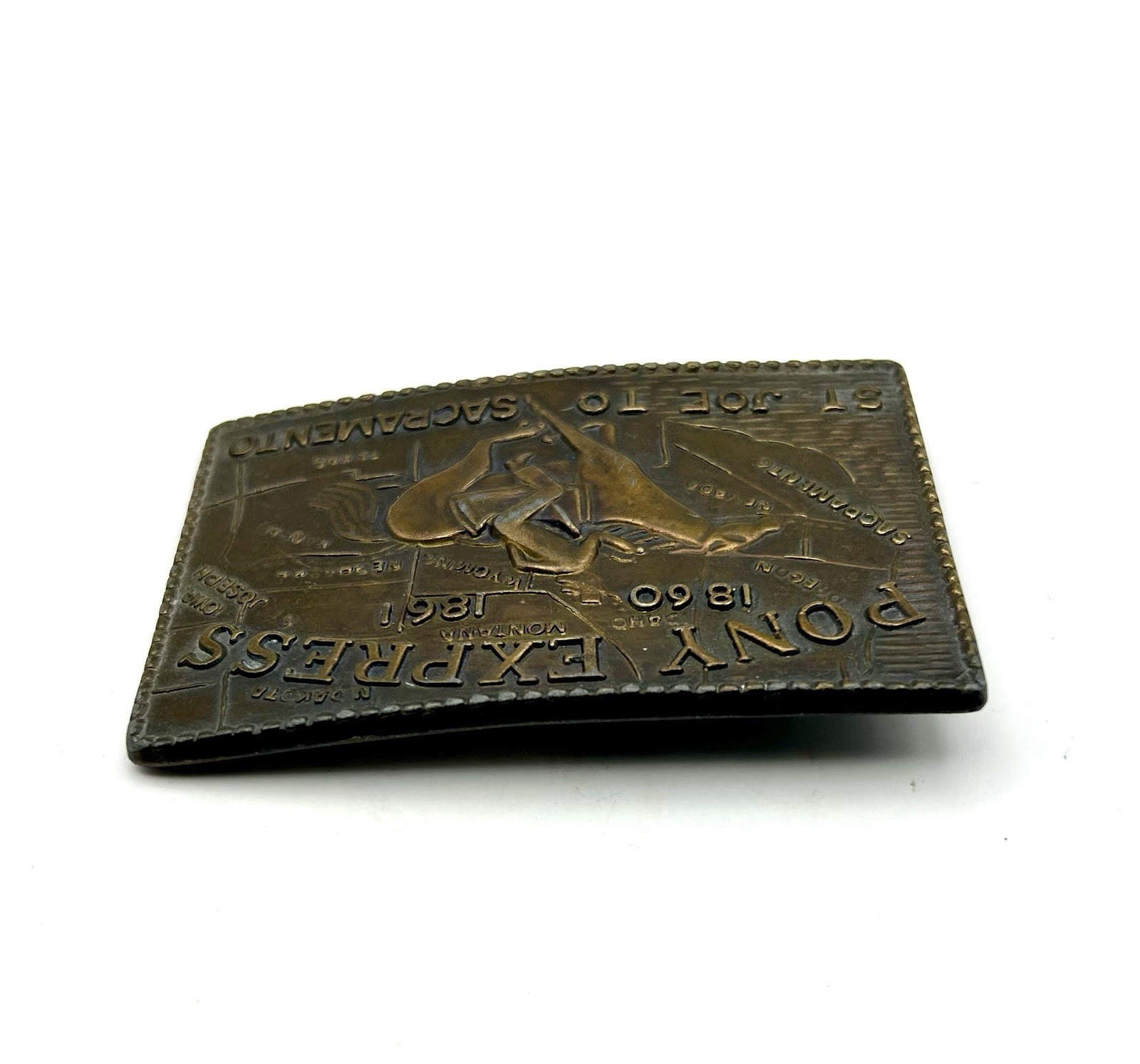 Vintage Brass Pony Express St. Joe To Sacramento Belt Buckle 3 1/2&Prime; Bronze Tone