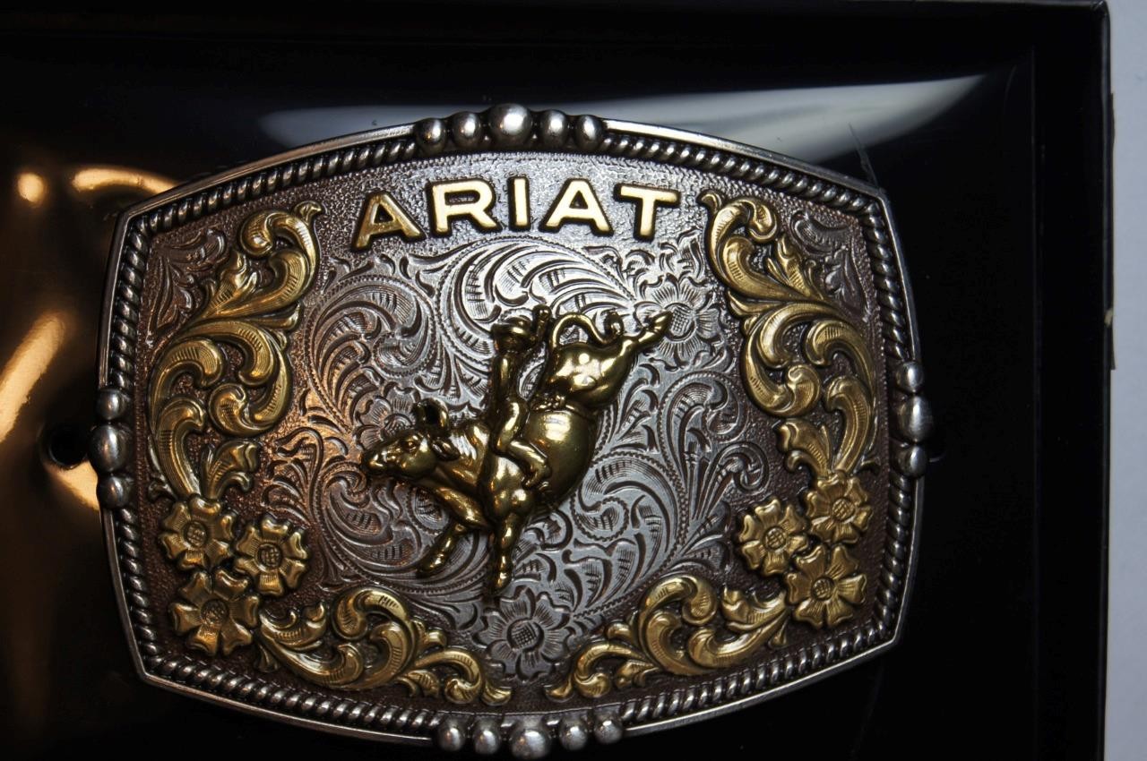 Ariat Western Belt Buckle Bull Rider Logo Silver & Gold tone A37065