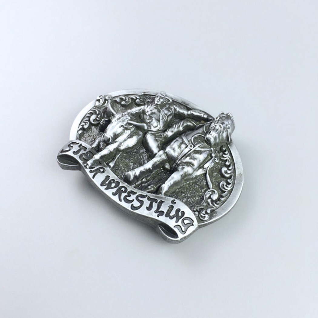 Antique Silver Rodeo Steer Wrestling Western Belt Buckle Boucle de Ceinture