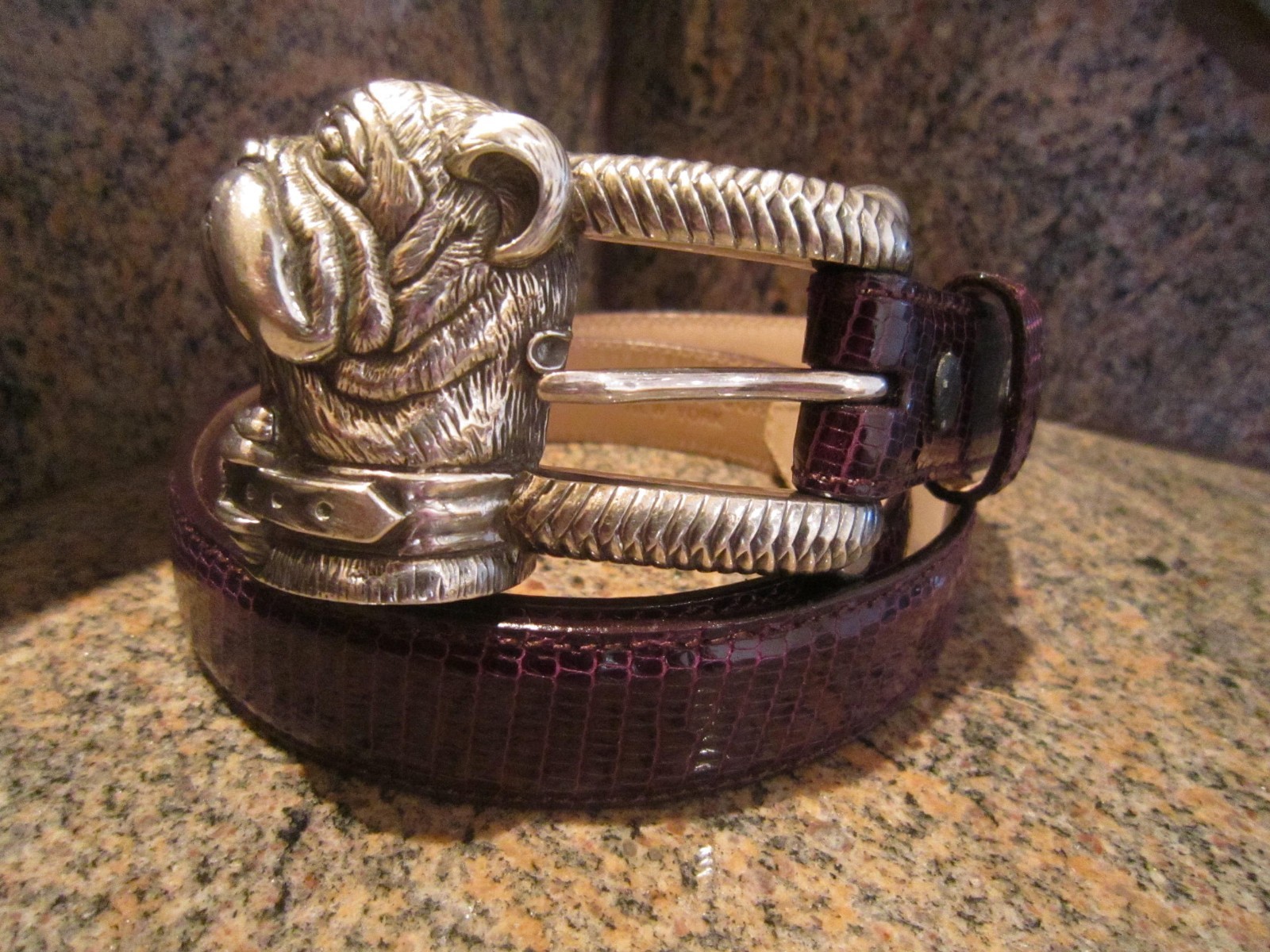 KIESELSTEIN CORD STERLING BULLDOG BUCKLE AND PURPLE LIZARD BELT SIZE 2