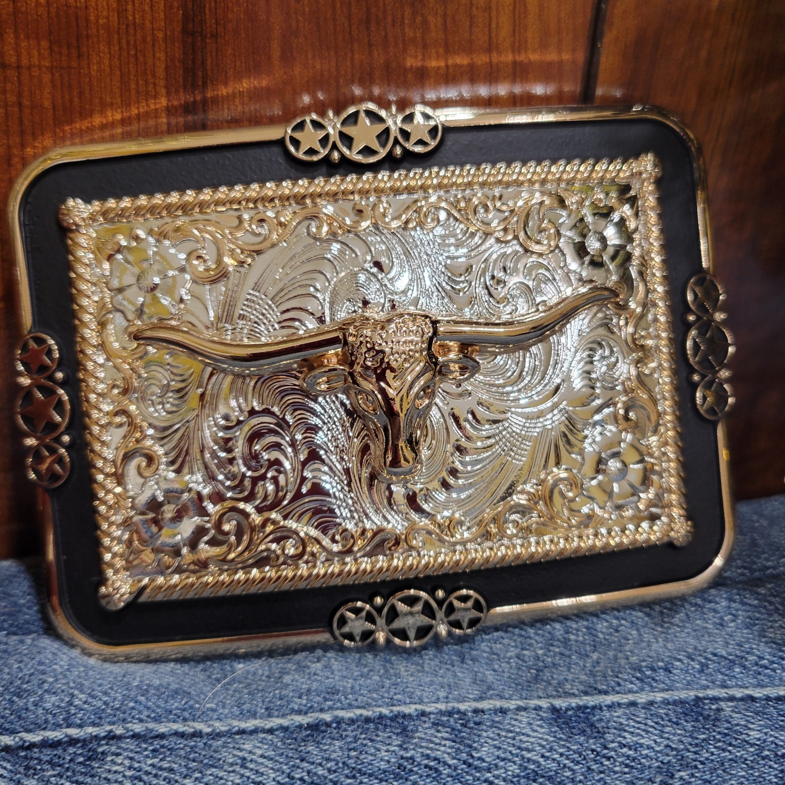 Longhor Western Belt Buckle Rose Tone And Silver Rare Piece With Details Cowboy