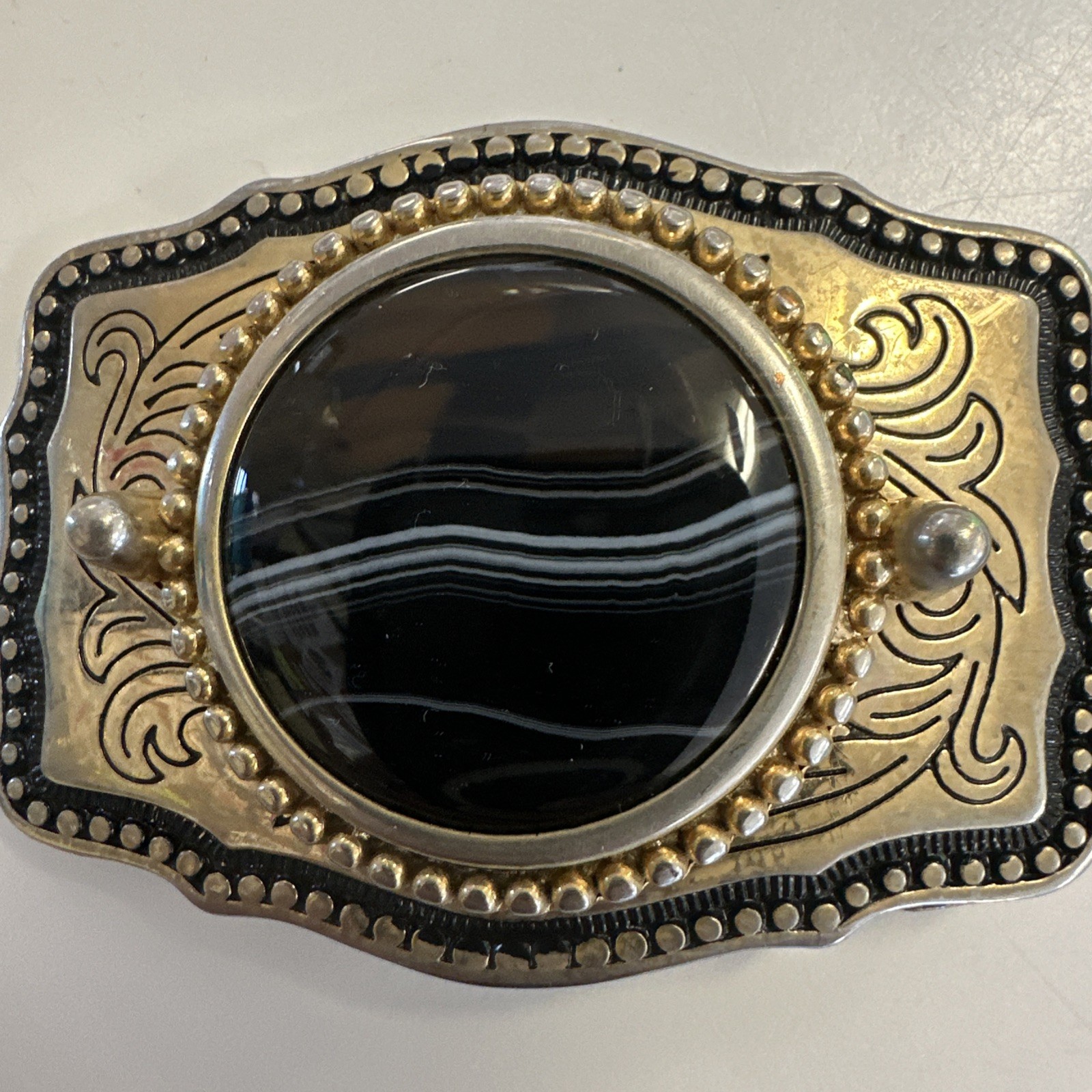 2 Vintage Gemstone Belt Buckles Polished Stone Inlay Western