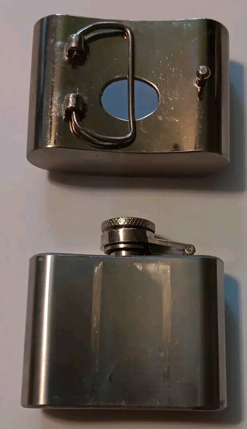 2 oz. Stainless Steel Flask Metal Removable Concealed Belt Buckle Alcohol Drinks