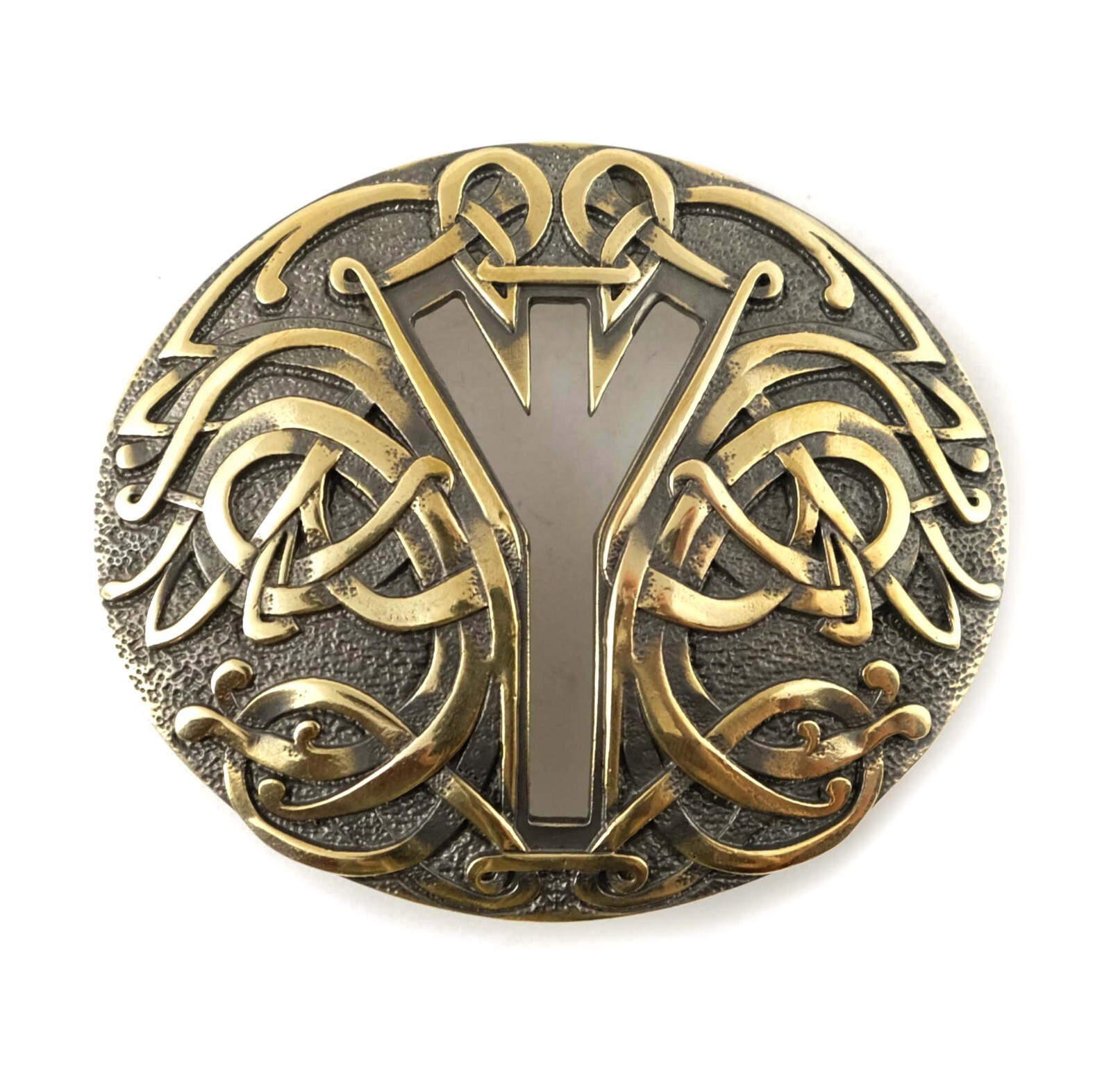 Algiz runic brass belt buckle, Life Rune Celtic Old Norse Scandinavian