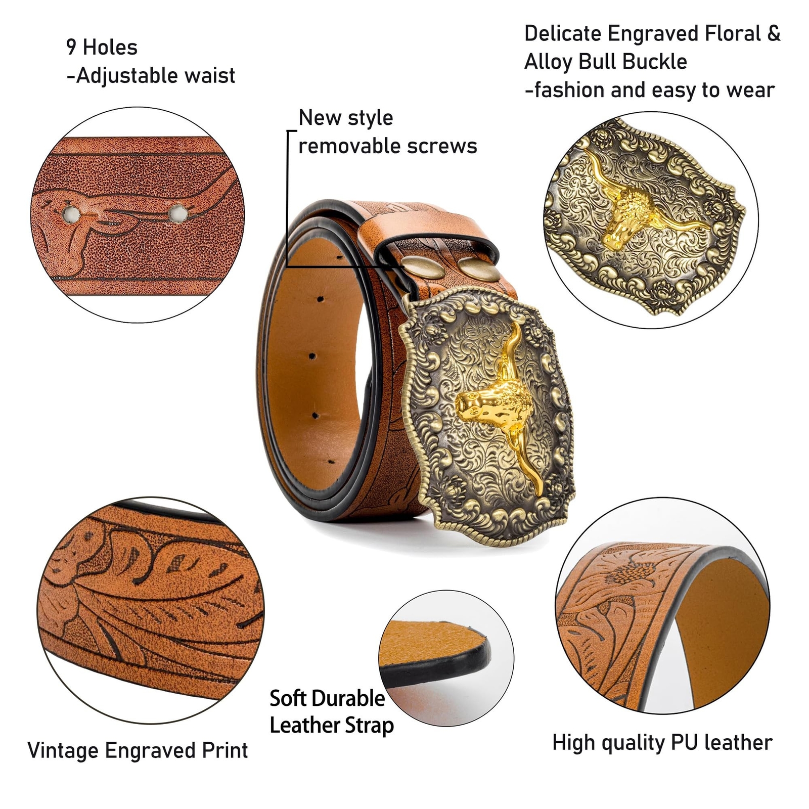 Western Cowboy-Belts for Men Big-Buckle Longhorn-Bull PU-Leather Rodeo Cowgir…