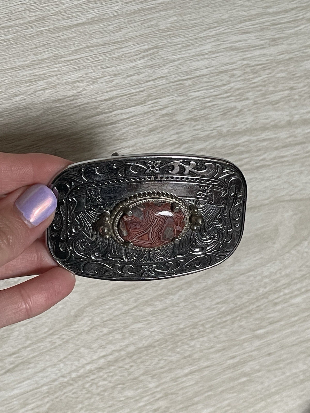 VTG Western Country Silver Tone Rhodochrosite Stone Belt Buckle 3.25&Prime; x 2&Prime;
