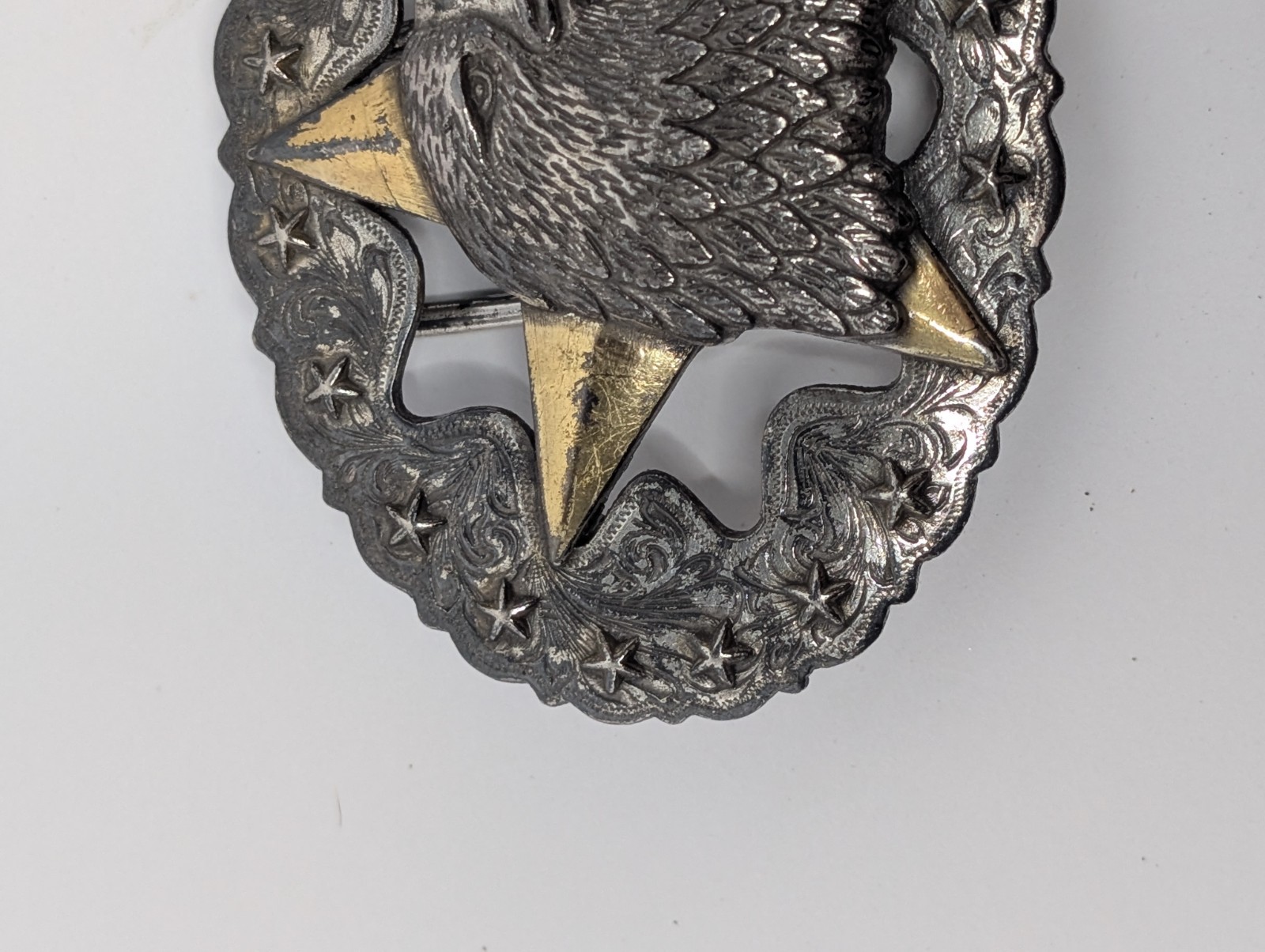Vintage TLF Eagle Stars Engraved Scroll Silver and Gold tone Belt Buckle