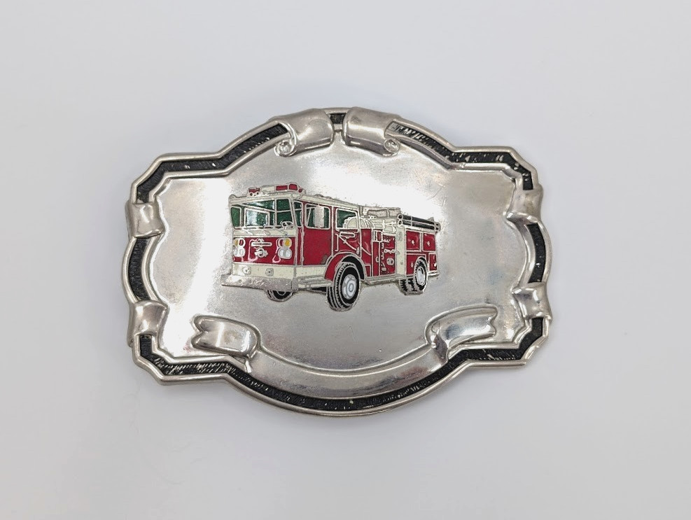 VTG Fire Truck Belt Buckle Silver Tone Red White Enamel Firefighter Blank Scroll