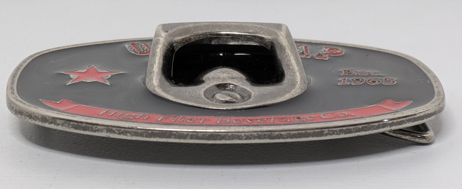 On Tap Belt Buckle Bottle Opener High Flier Beverage Black Red Silver
