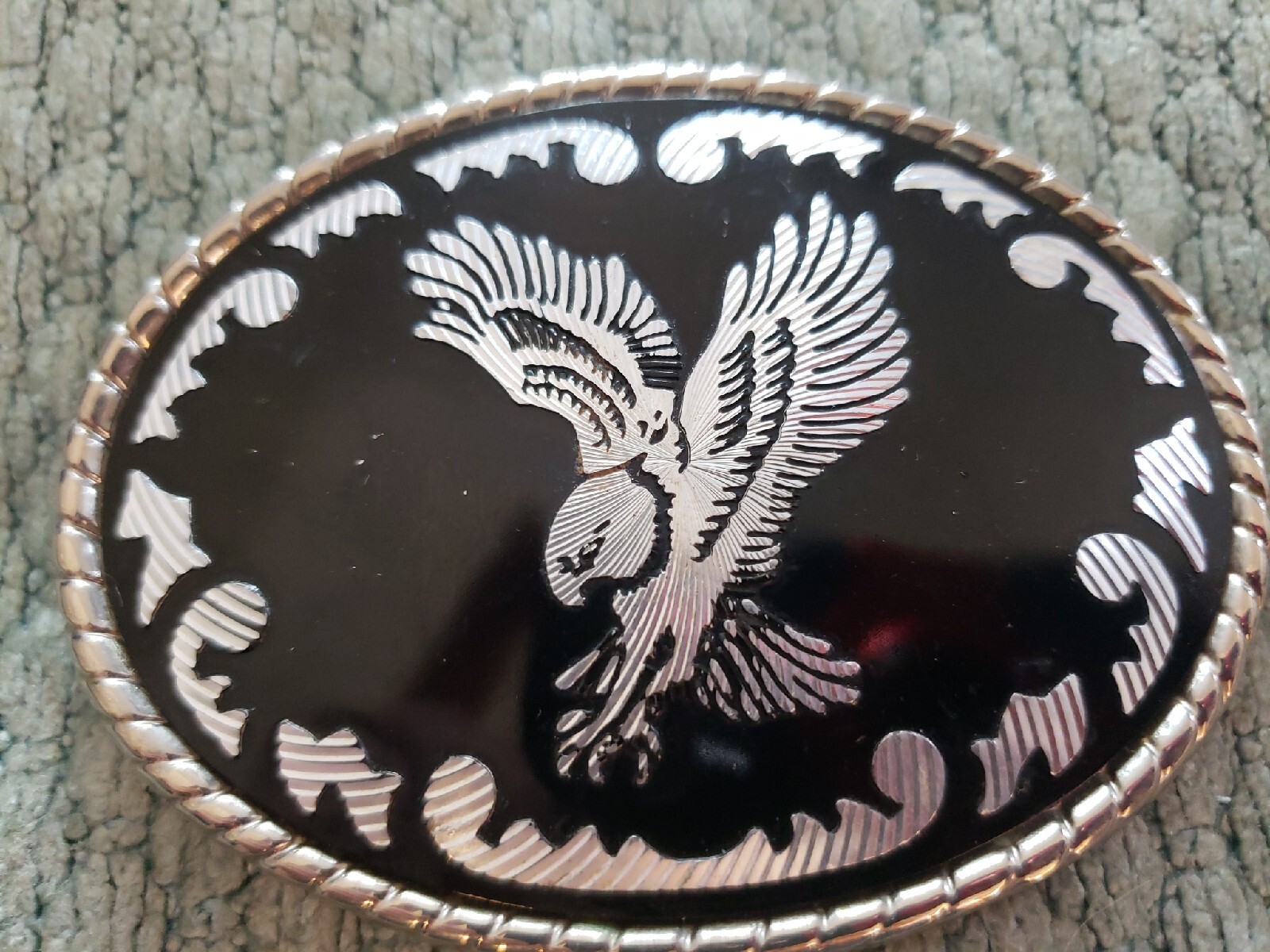 Vintage belt buckle black silvertone eagle W u.s.a.
