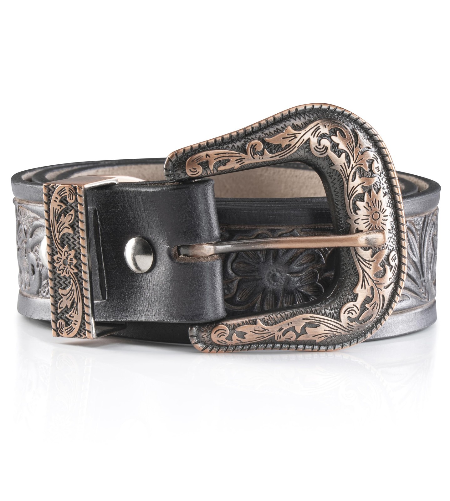 Angus Stoke western belt – Genuine buffalo 34&Prime;-36&Prime;, Black/Buckle Rose-gold