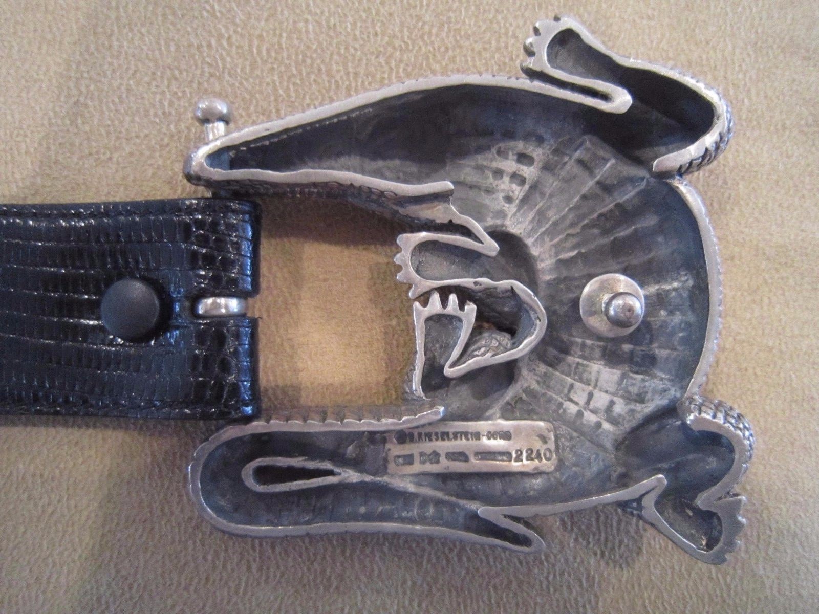Huge Kieselstein-Cord Sterling Alligator Buckle and Black Lizard Belt Size 1