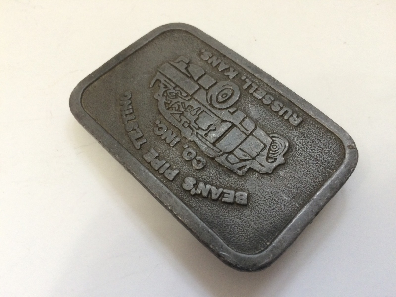 Vintage Belt Buckle Beans Pipe Testing Gas Oil Advertising Russell Kansas USA