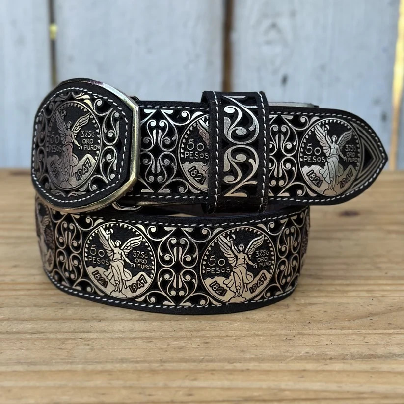 Genuine Laser Cut Leather Centenario Western Belt with Removable Buckle – Silver