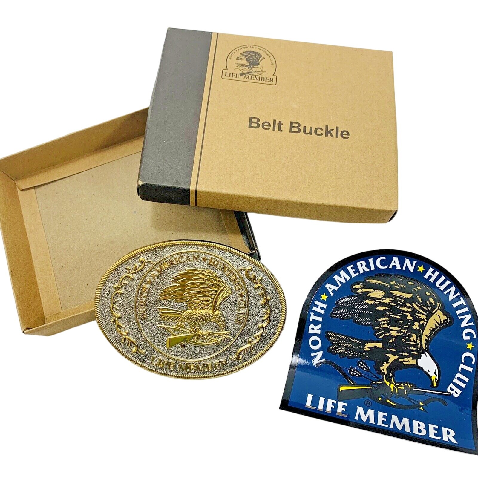 Metal Eagle Belt Buckle North American Hunting Club Life Member and Sticker NEW