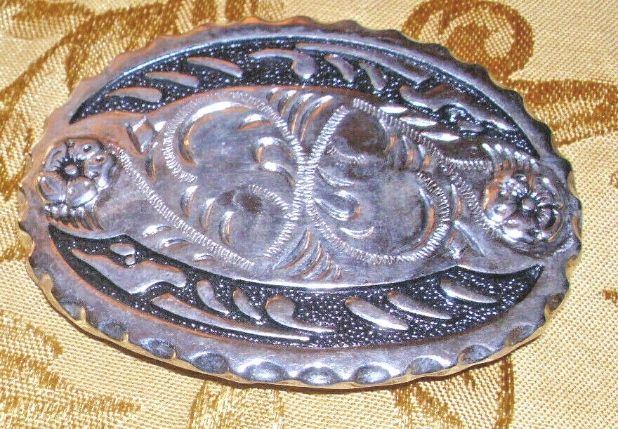 Vintage Belt Buckle Made in USA Black & Silver Western Style 3- 1/2&Prime; X 2- 3/4&Prime;