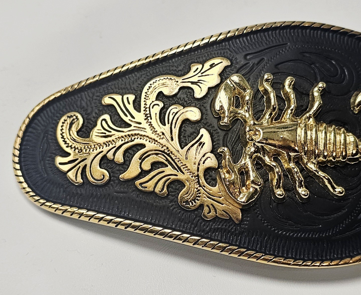 Men&rsquo;s Western Black & Gold Scorpion Emblem Filigree Metal Cowboy Belt Buckle
