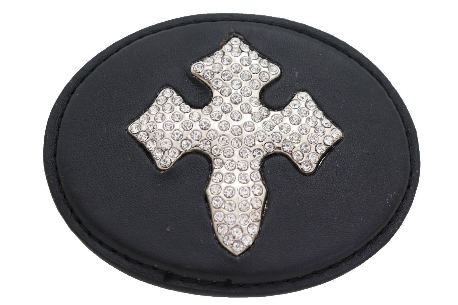 Men Women Fashion Black Oval Belt Buckle Silver Metal Bling Cross Religious Look