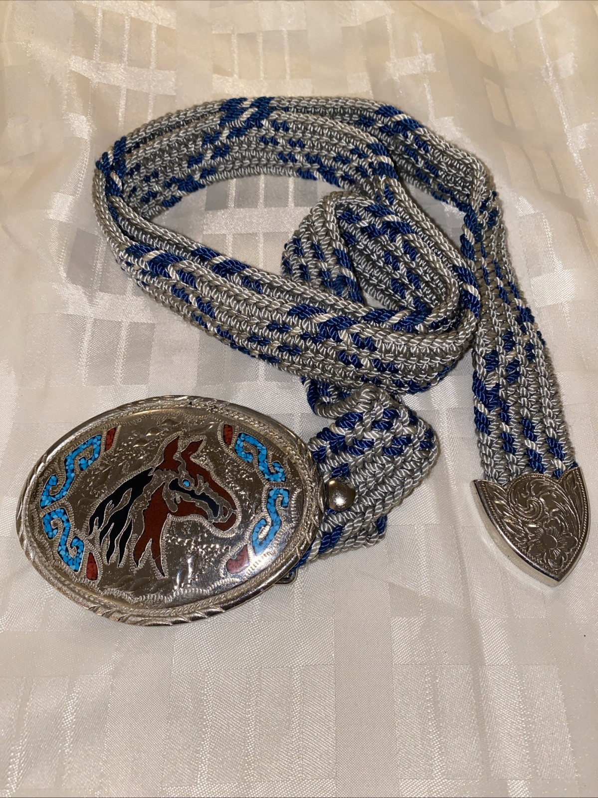 Native American Western Silver Belt Buckle Turquoise Inlay/woven Belt Waist 44”