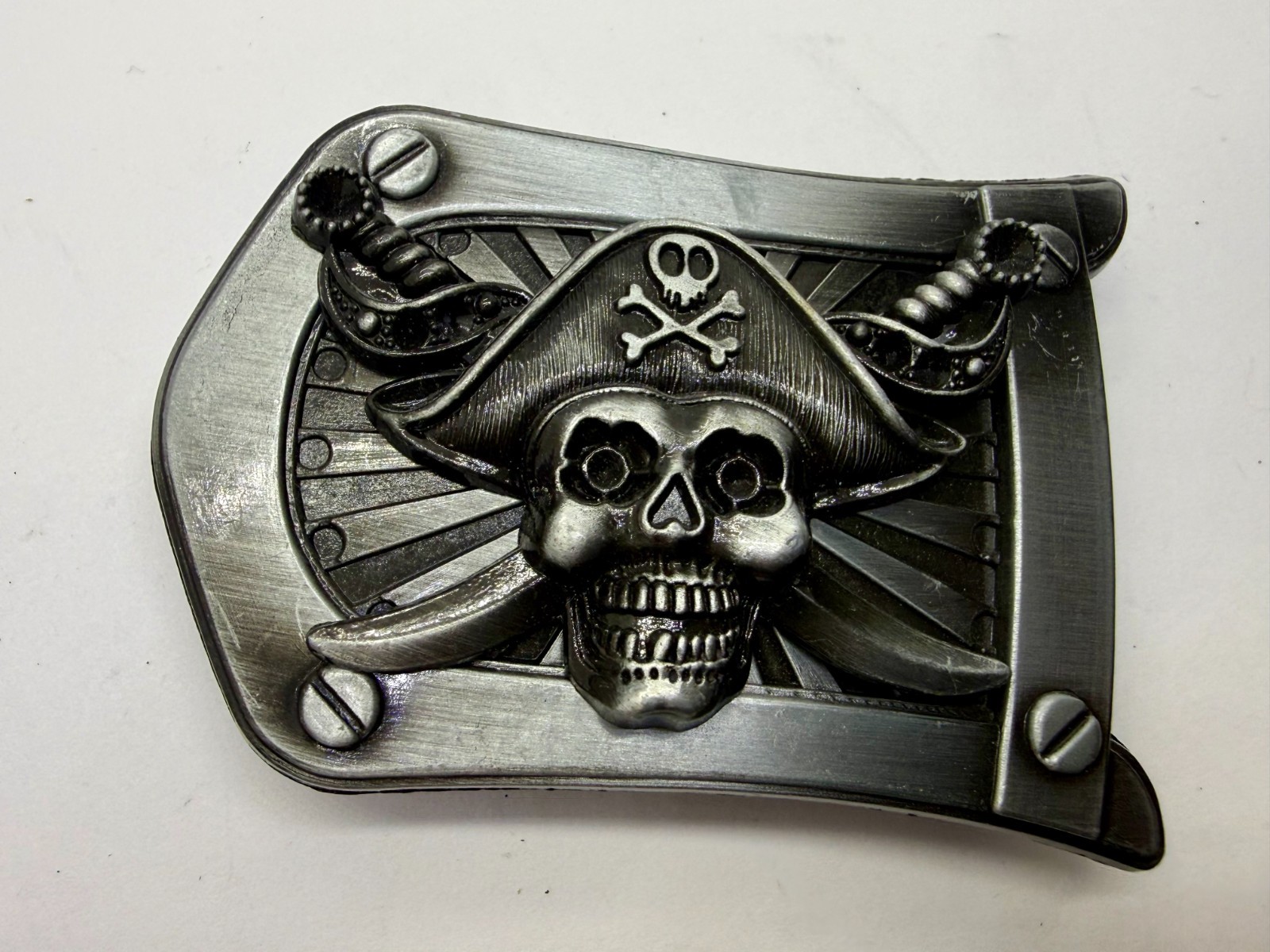 Pirate Skull Crossbones with Crossed Swords 3D Raised Silver Tone Belt Buckle