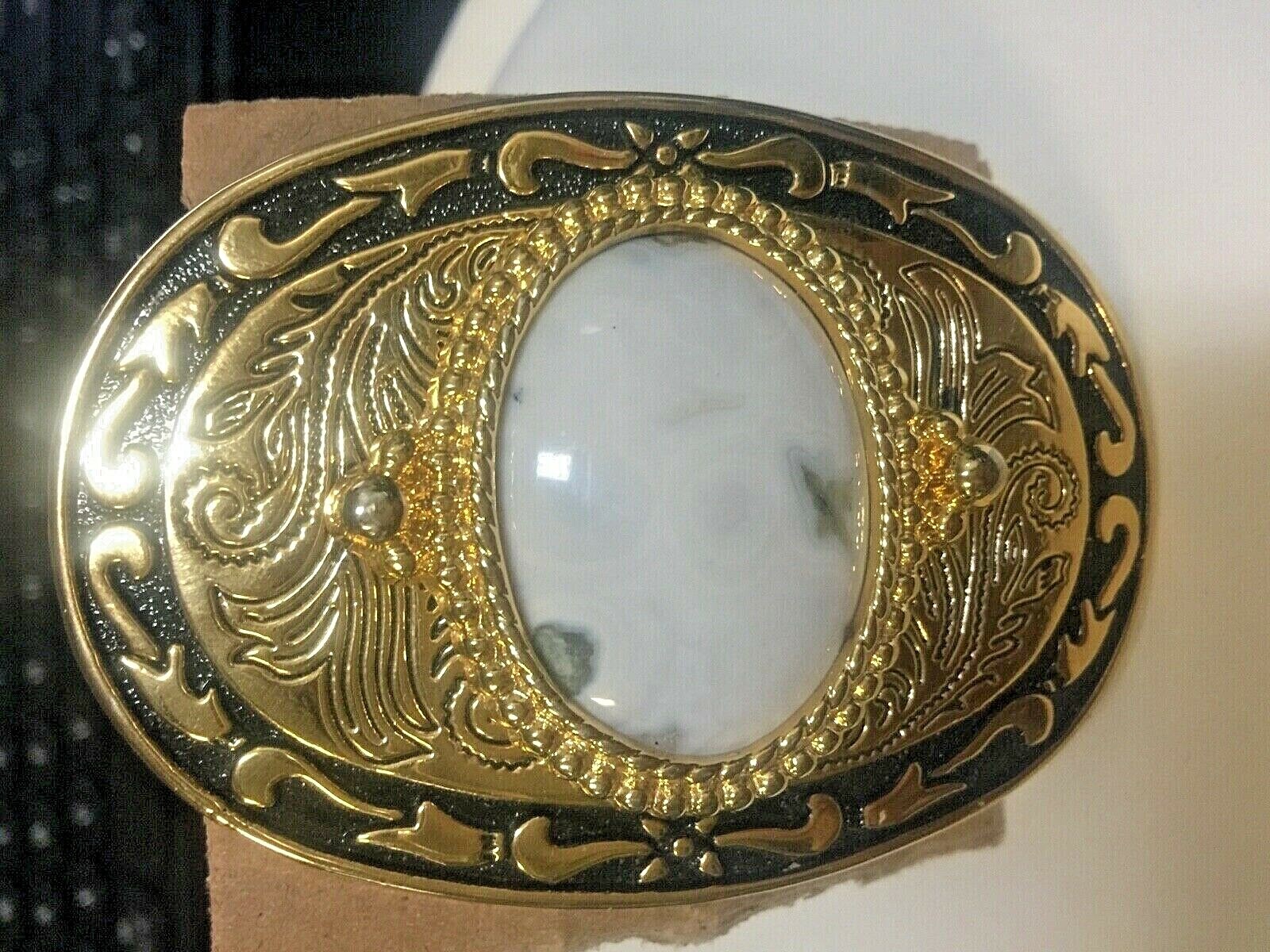 Gold Tone Plated Brass with Jasper Belt Buckle 3 1/2 x 2 7/16 inches Loop 1 7/8&Prime;