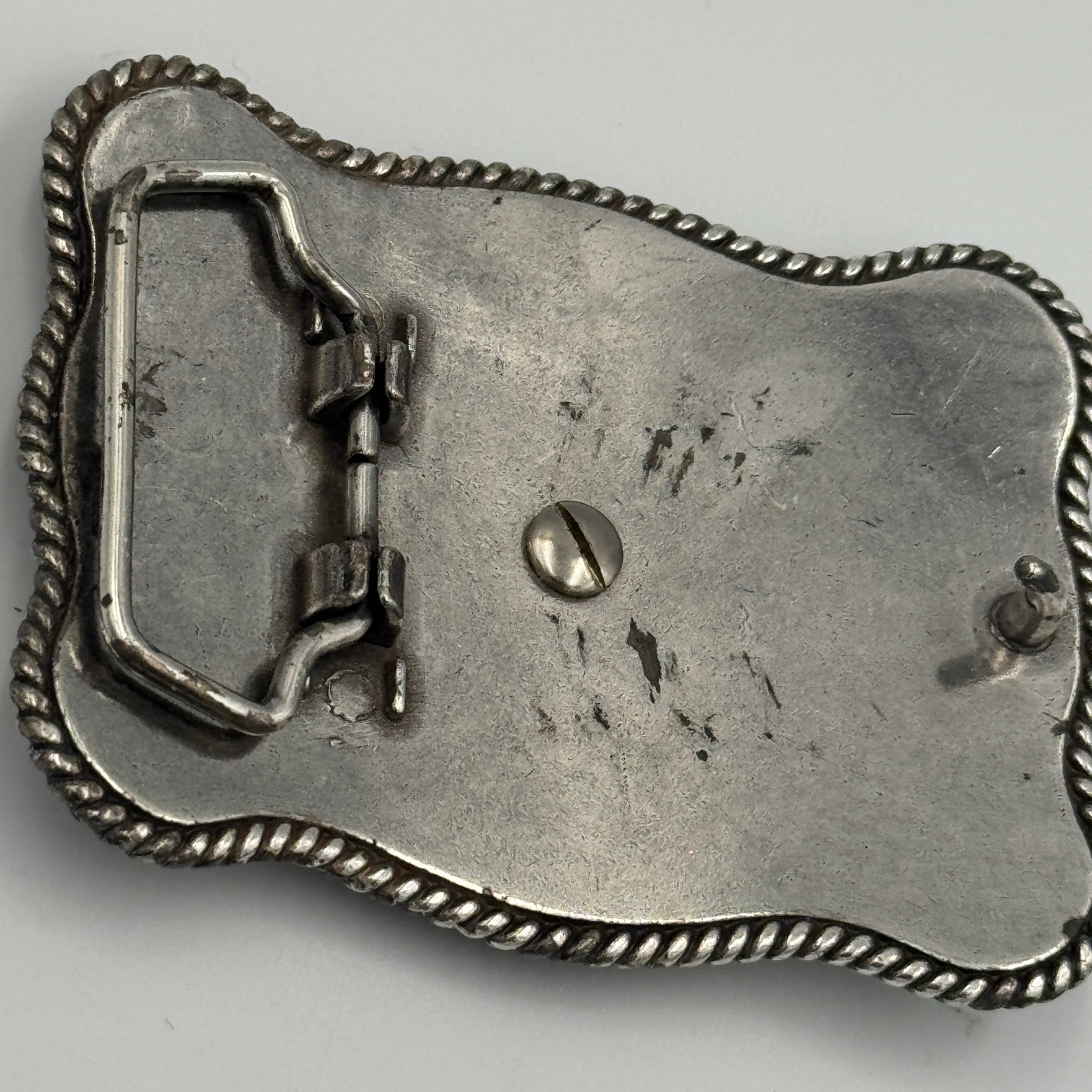 Western Horse Belt Buckle Silver Tone Floral Engraved Rhinestone Border Rodeo