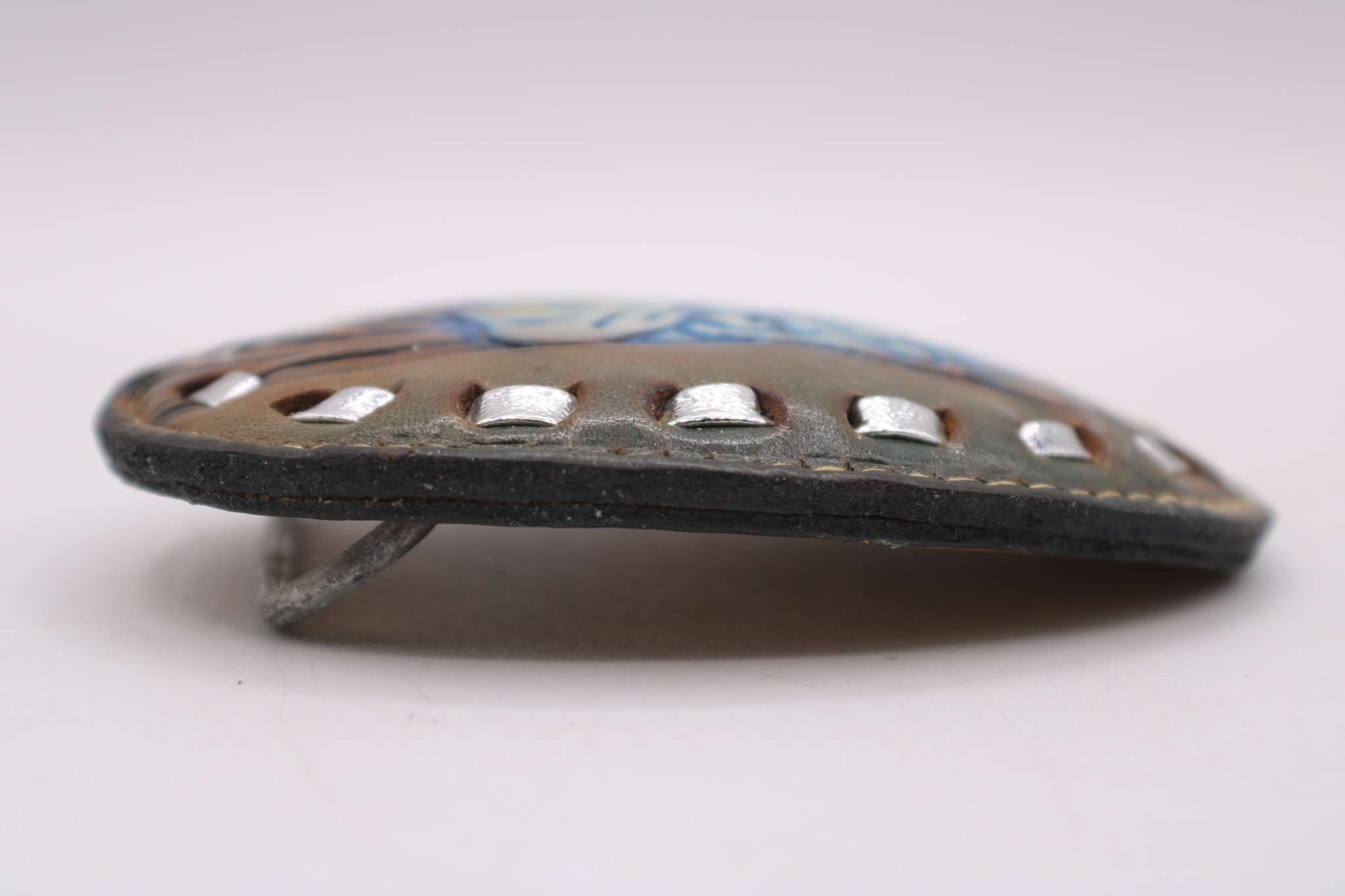 Western Tooled Leather Belt Buckle Brown Blue Ombre Floral Silver Ribbon Vintage