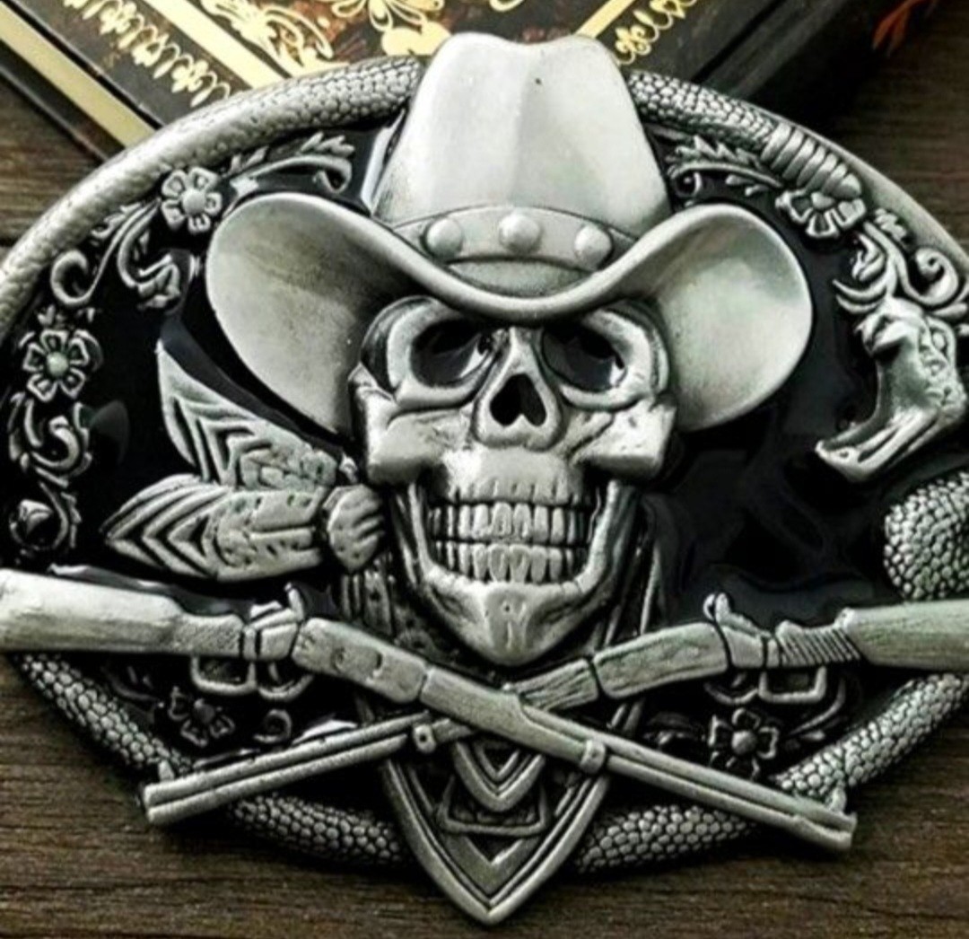 New Cowboy skull outlaw western Oval Silver Black Belt Buckle