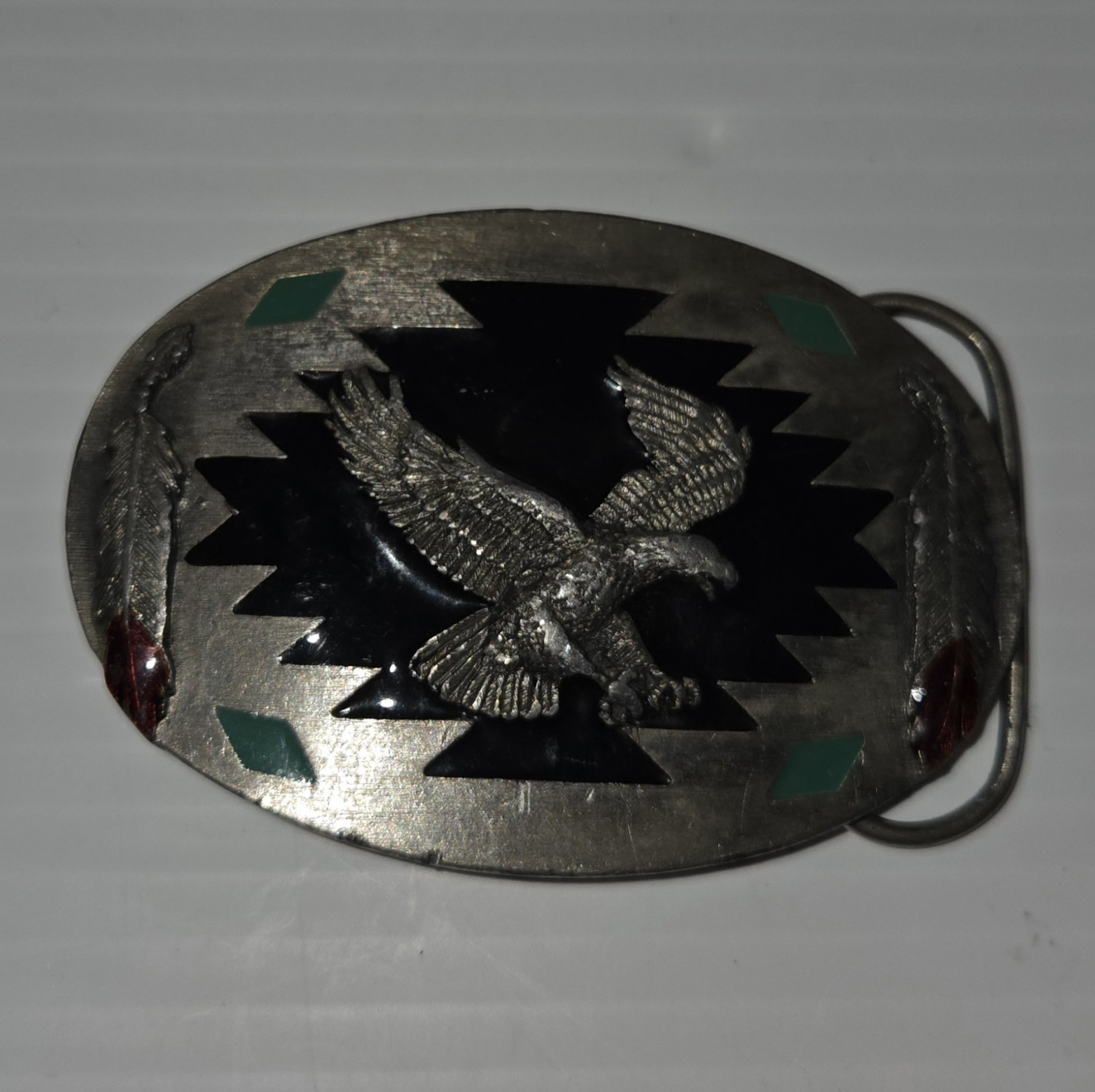 Men&rsquo;s Oval Eagle Western Belt Buckle Silver Black Green Red