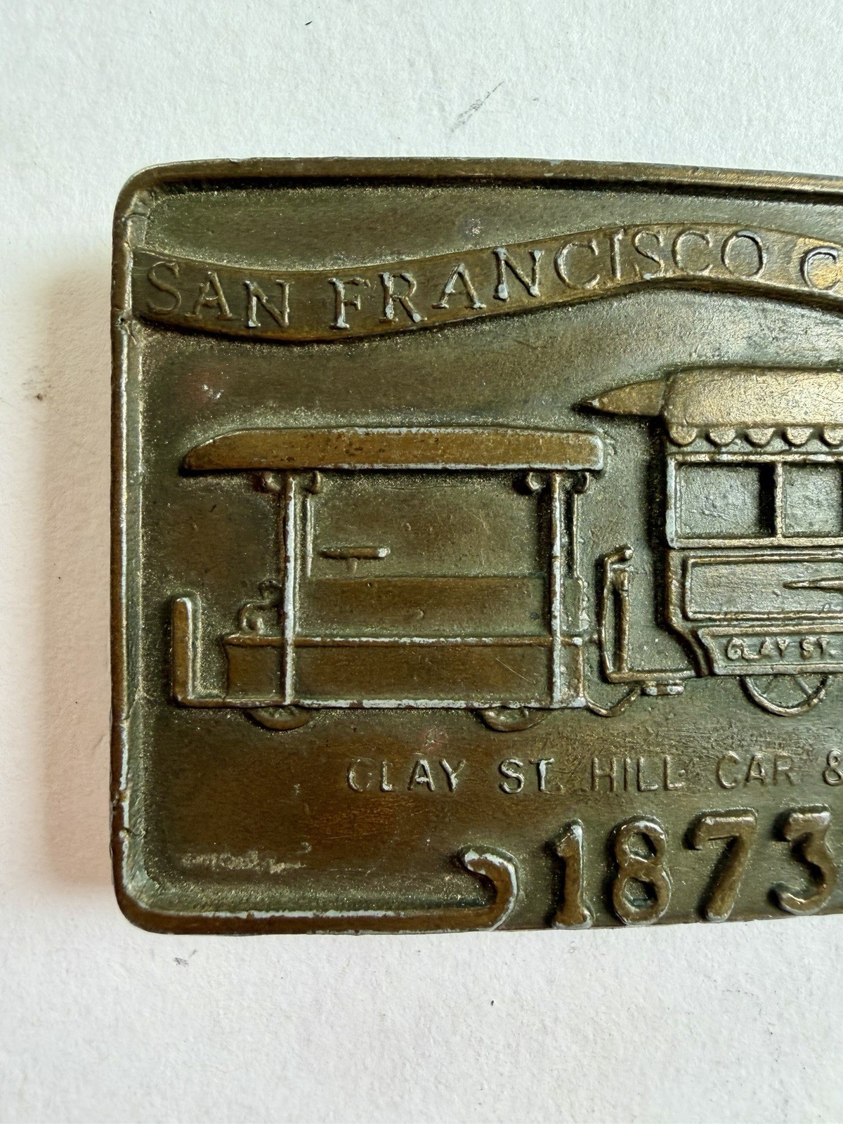 Vintage Brass Belt Buckle San Francisco Cable Car Clay St Hill Car & Dummy 1873
