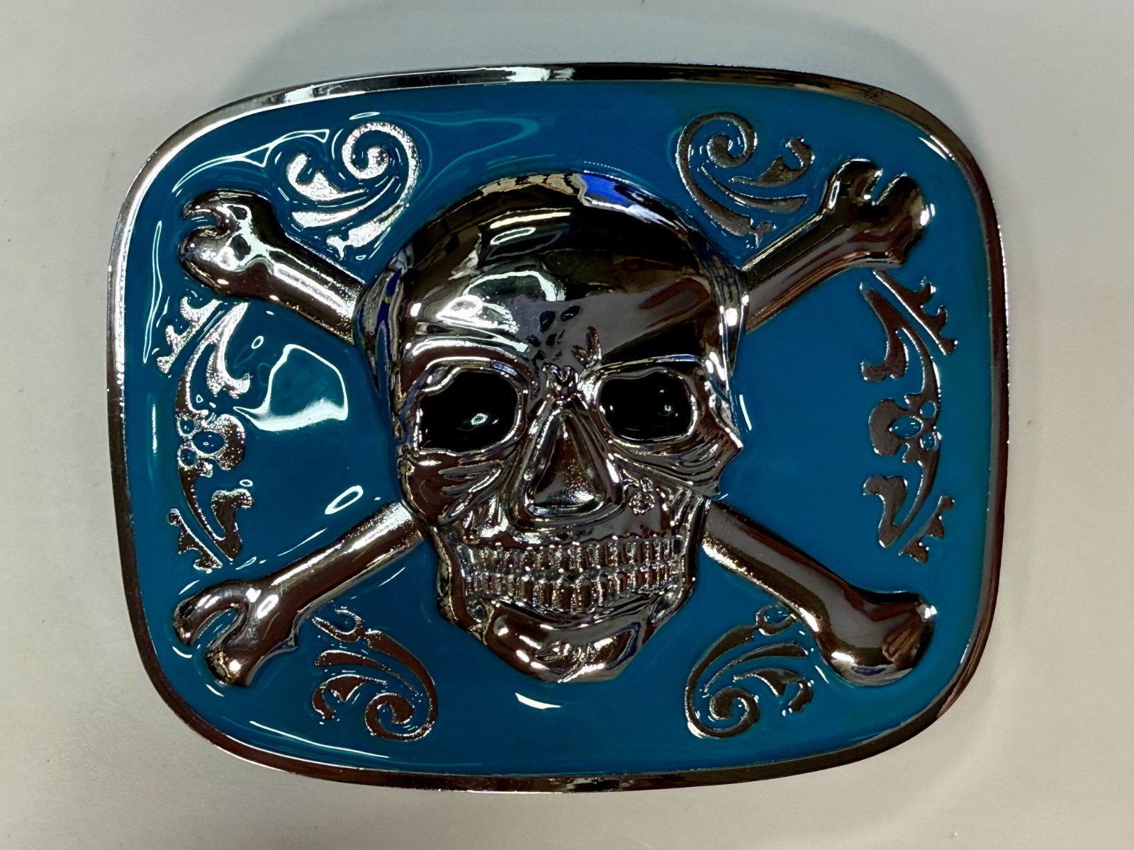 Jolly Roger Pirate Skull Head & Crossbones Blue Enamel Colored New Belt Buckle