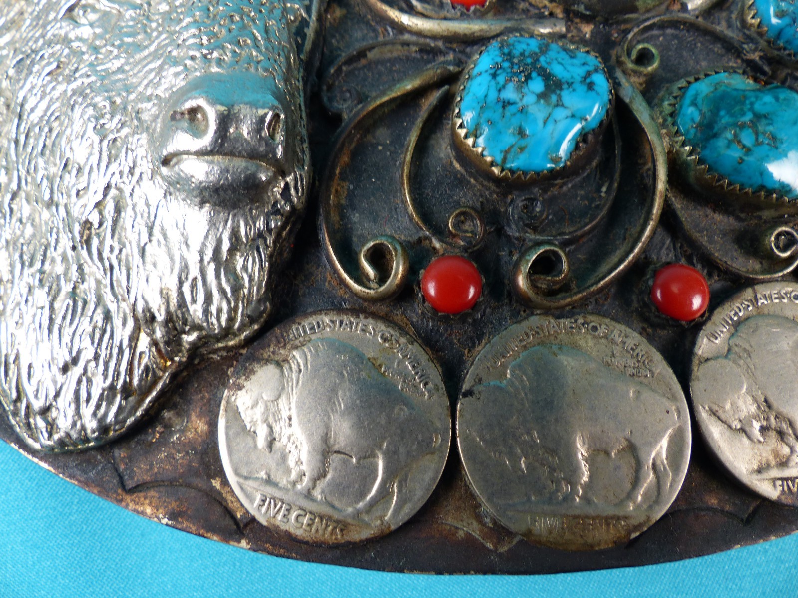 Vtg 1970&rsquo;s NA Style Turquoise Coral Buffalo Nickel Silver Squaw Wrap Belt Buckle
