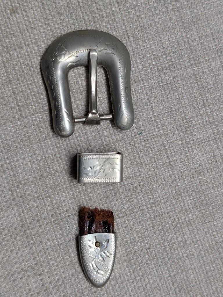 vintage 3PC belt buckle SET handcrafted RICARDO cowboy NICKEL SILVER western
