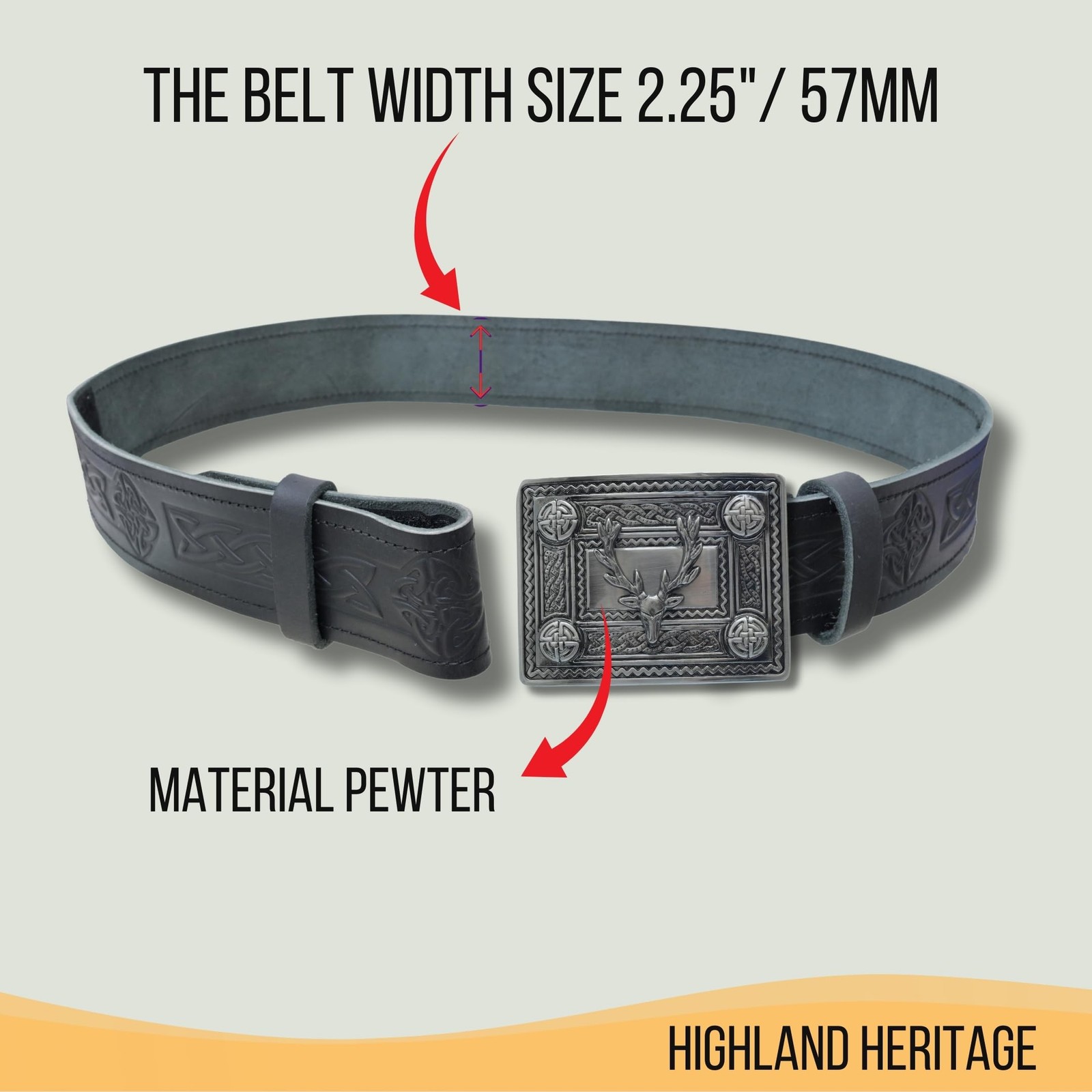 Kilt Belt and Buckle Set – Scottish Celtic Embossed Large – 38&Prime; to 42&Prime;, Black