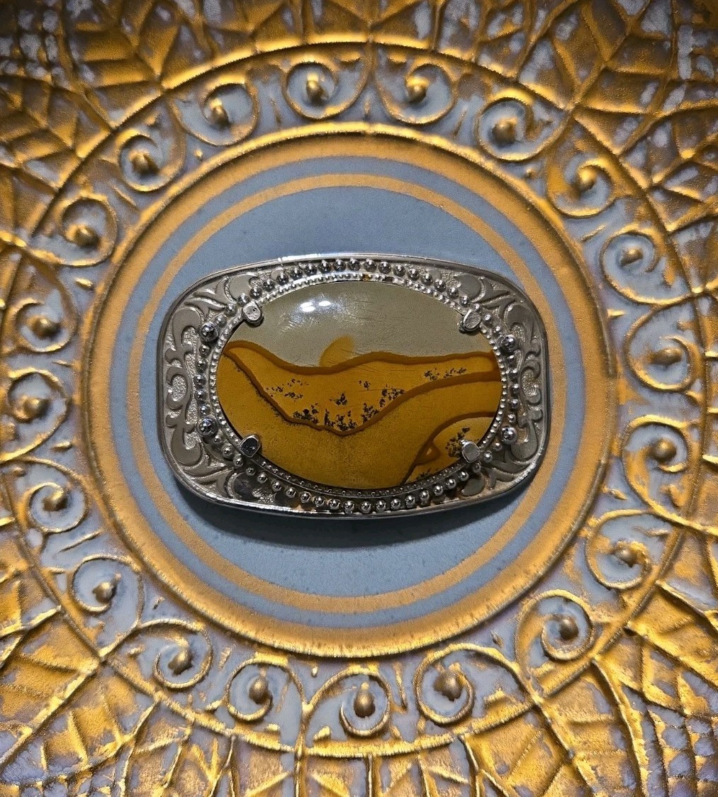 Vtg Landscape Jasper Stone Western Belt Buckle Desert Scene