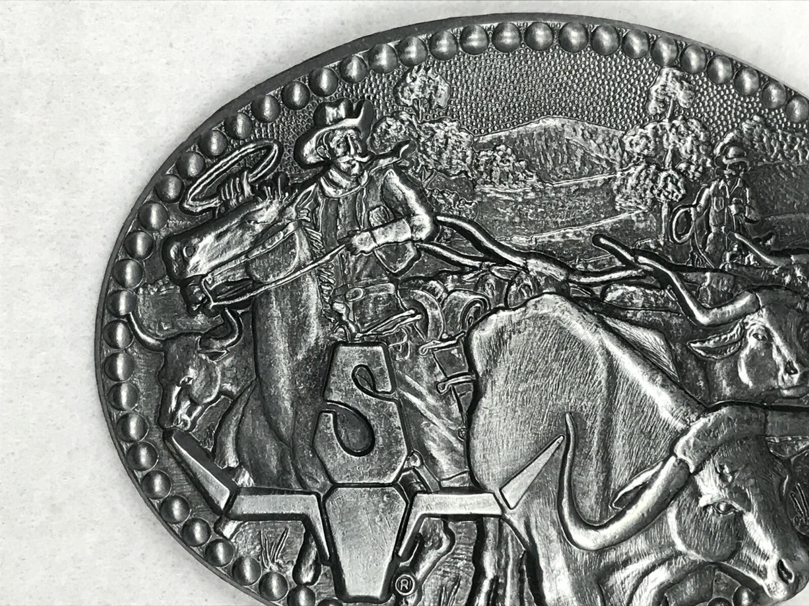 vtg 80s SHEPLERS COWBOY BULL PEWTER AWARD DESIGN MEDALS BELT BUCKLE horse