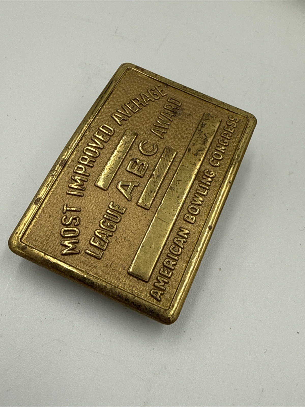 Vintage ABC Bowling League Award Brass Belt Buckle Most Improved Average