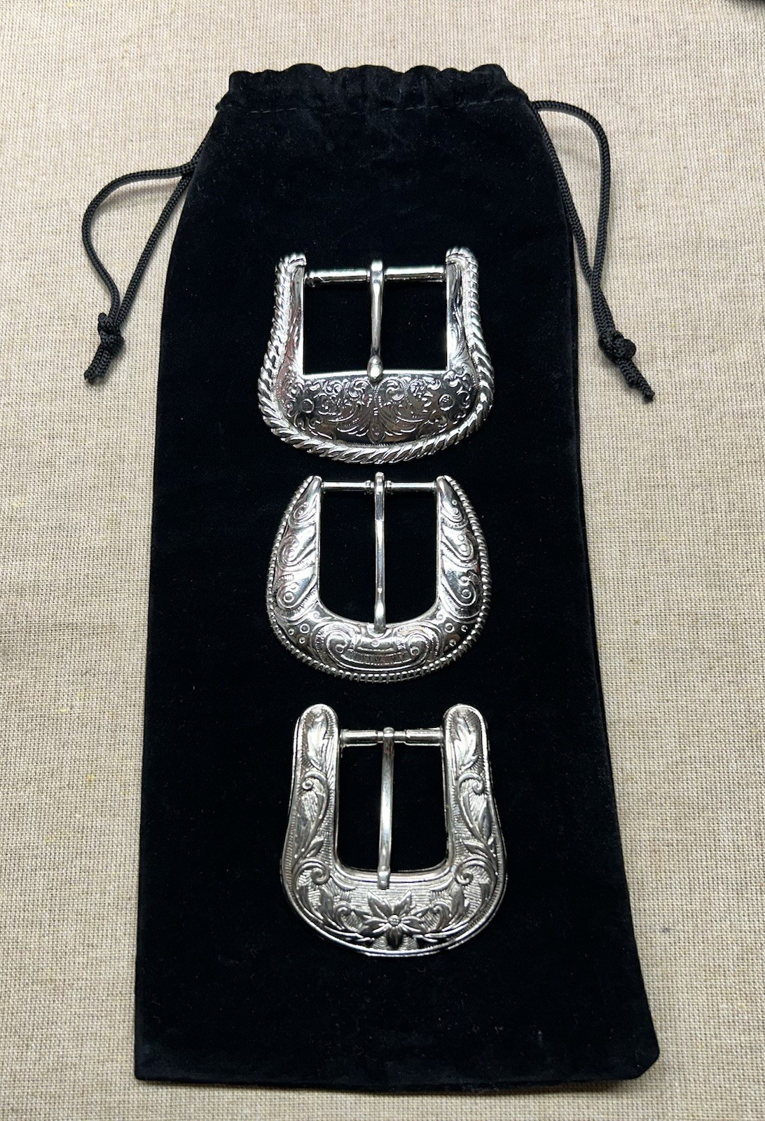 Lot 3 Western Vintage Style Engraved Belt Buckles Silver Tone Floral Scroll